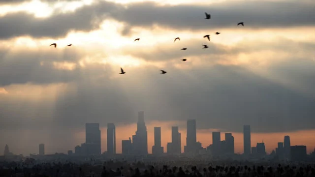 A city skyline is enclosed in smog, with slivers of light shining through