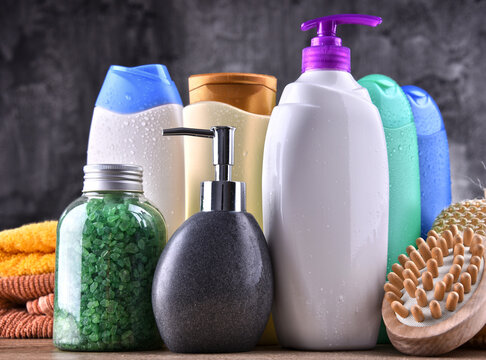 A picture of an assortment of different soap bottles, lotions, and other skin wellness products--fragrances