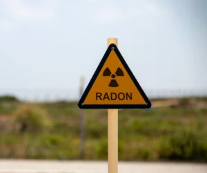 A yellow triangular metal road sign in front of a blurry natural background. The sign has black text that says "Radon" and has a radioactive symbol.