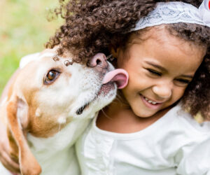 A dog licking a young girls face making her smile--Pets and Children